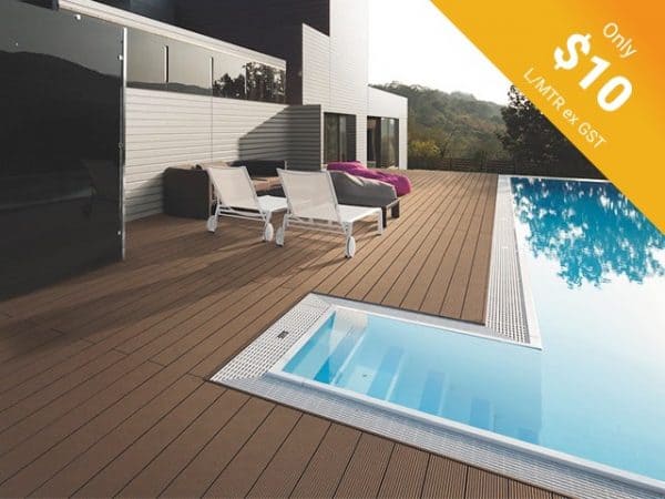 Composite Decking by a pool with pricing label